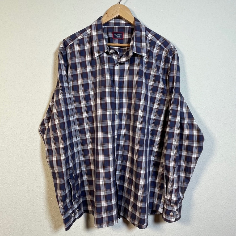 UNTUCKit Button Down Shirt Mens XXL Blue Plaid Wrinkle Free Cotton Long Sleeve
